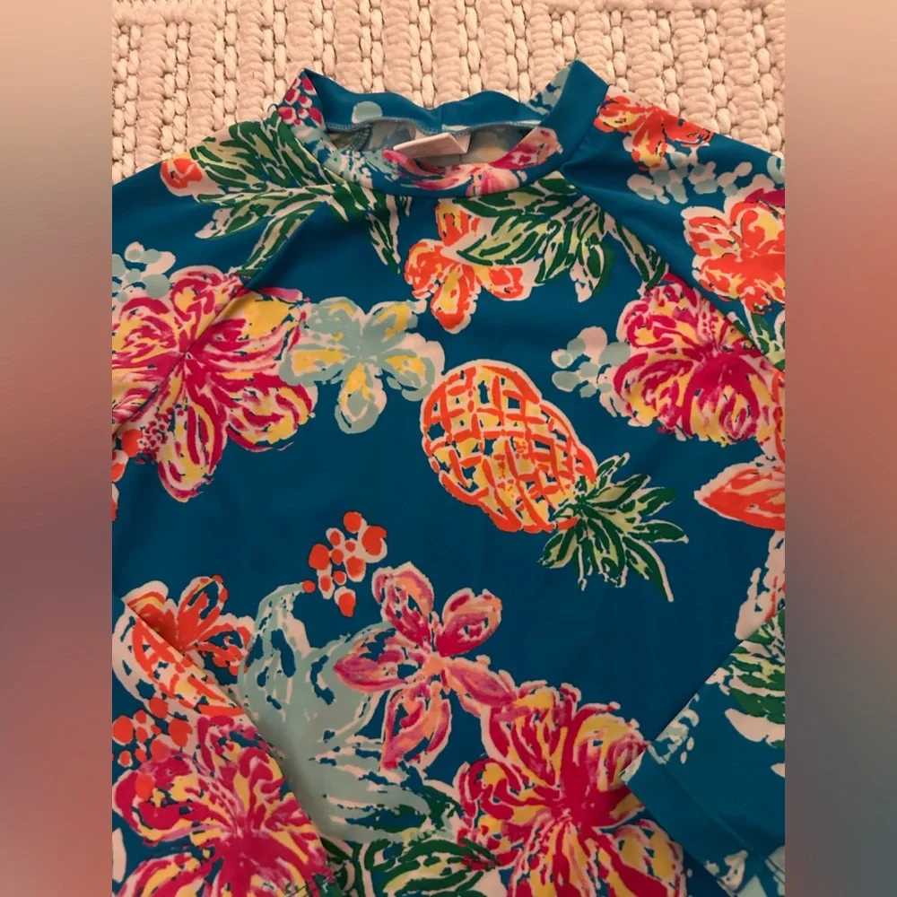 Gymboree Women Sz M (7-8) Blue Pineapple Floral Long Sleeve Rash-guard Swim Top